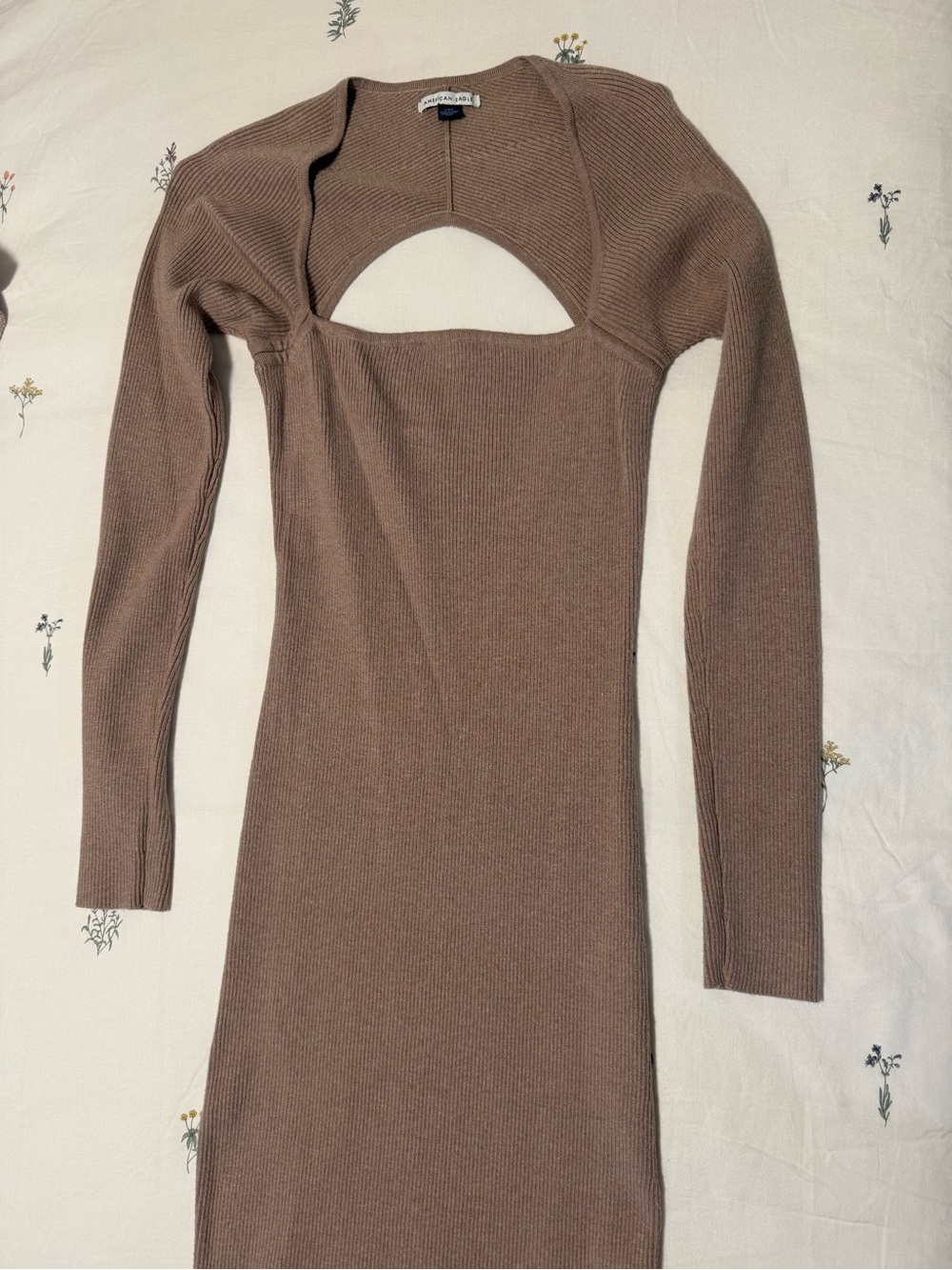 American Eagle Outfitters Brown Rib-Knit Long Sleeve Cutout Midi Dress